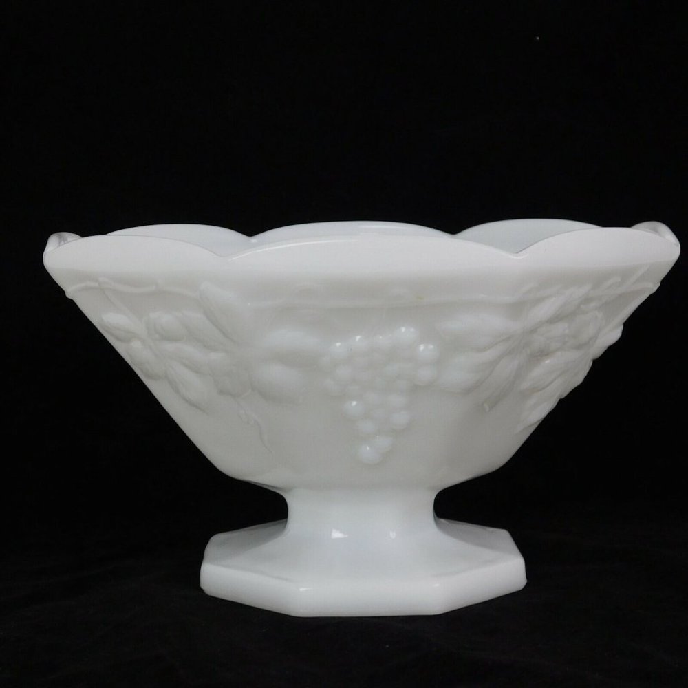 Vintage Anchor Hocking White Milk Glass Grape Pattern Pedestal Fruit Bowl Footed